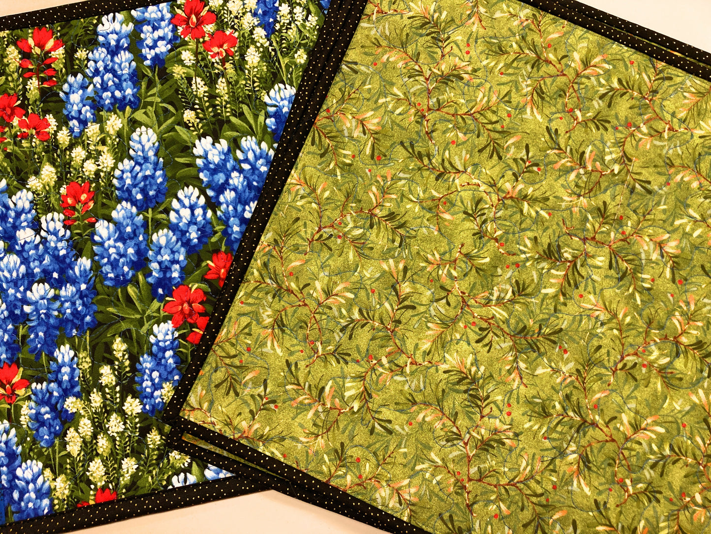 Bluebonnets Indian Paintbrush Wildflower Dining Table Placemats, Quilted Reversible Mats 13x17"