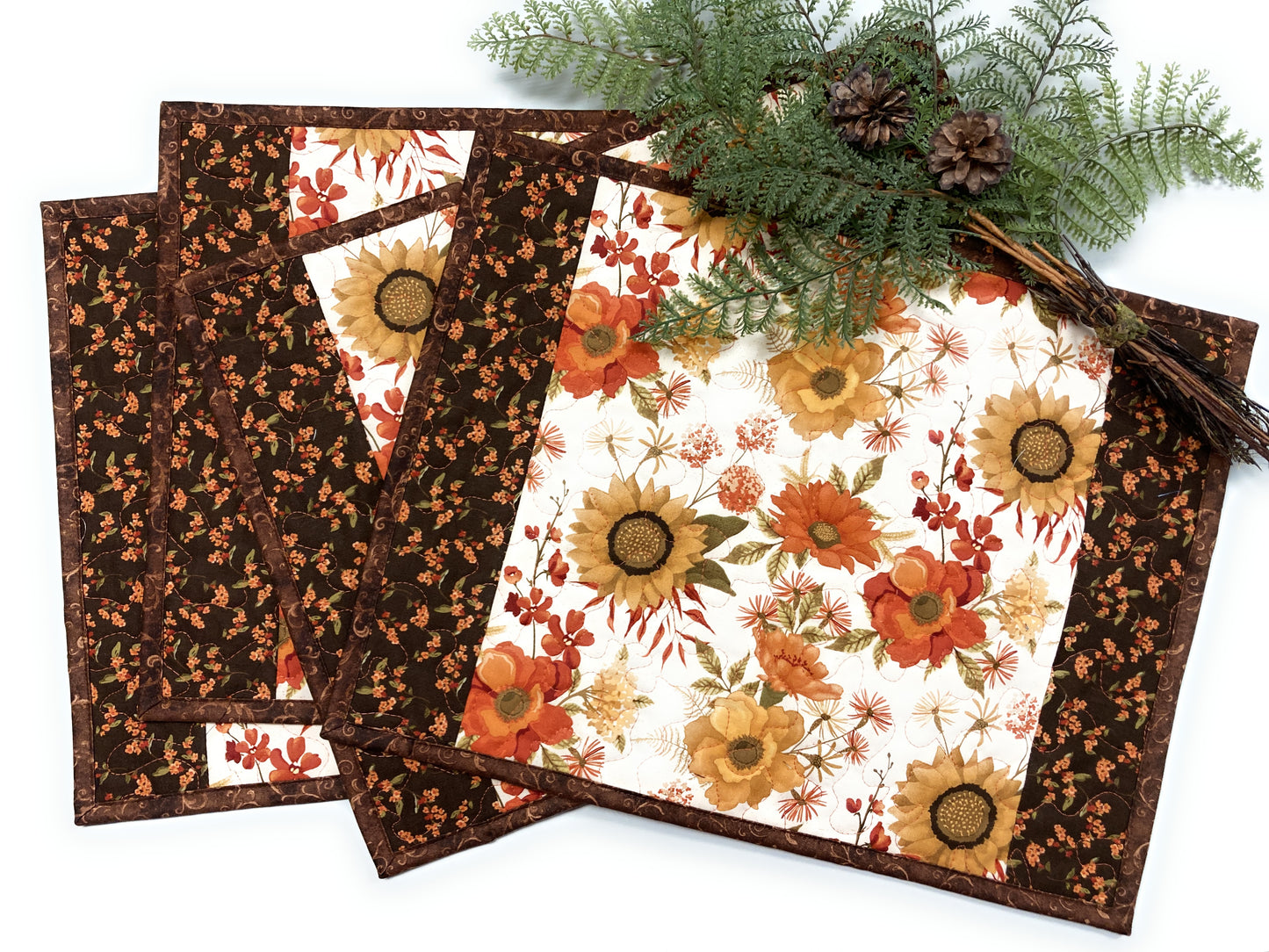 Fall Flowers Leaves Quilted Placemats 13x17" Handmade Autumn Brown Orange