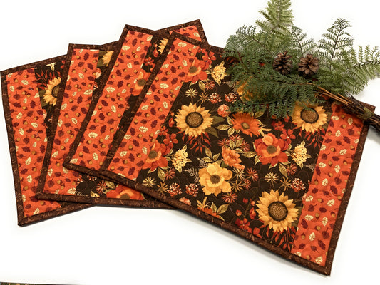 Fall Autumn Brown Orange Flowers and Leaves Quilted Placemats 13x17" Handmade