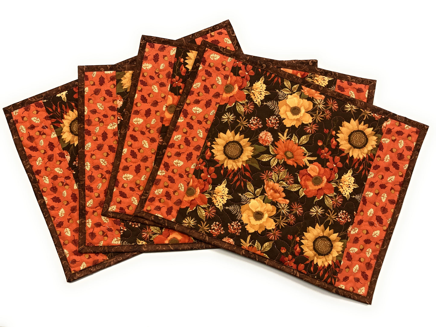 Fall Autumn Brown Orange Flowers and Leaves Quilted Placemats 13x17" Handmade