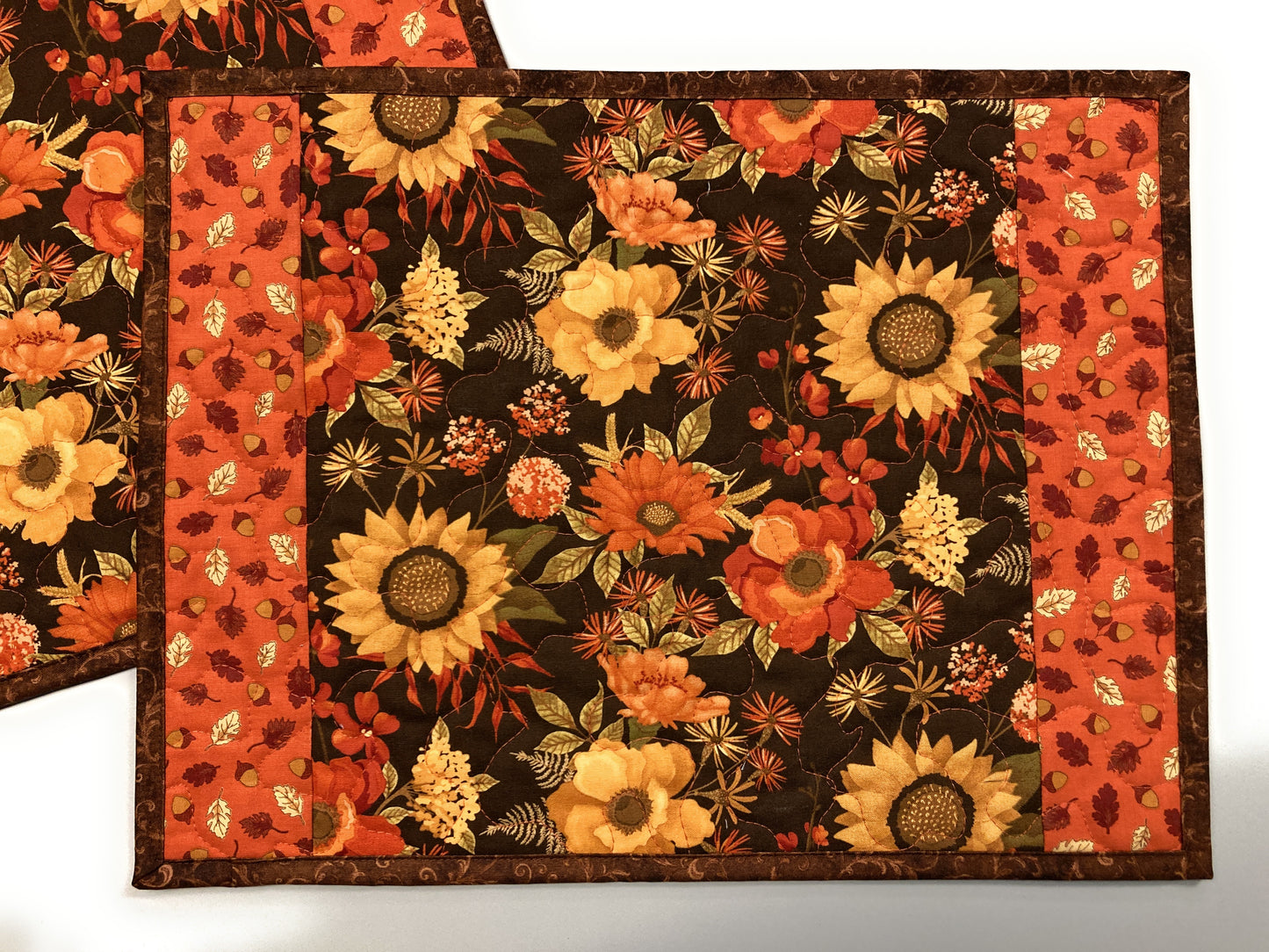 Fall Autumn Brown Orange Flowers and Leaves Quilted Placemats 13x17" Handmade