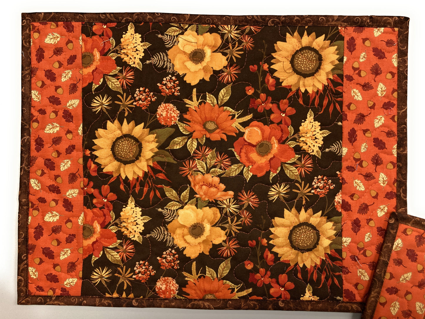 Fall Autumn Brown Orange Flowers and Leaves Quilted Placemats 13x17" Handmade