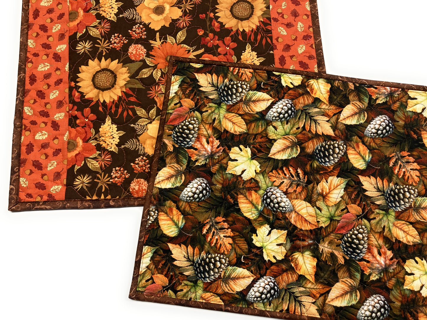 Fall Autumn Brown Orange Flowers and Leaves Quilted Placemats 13x17" Handmade