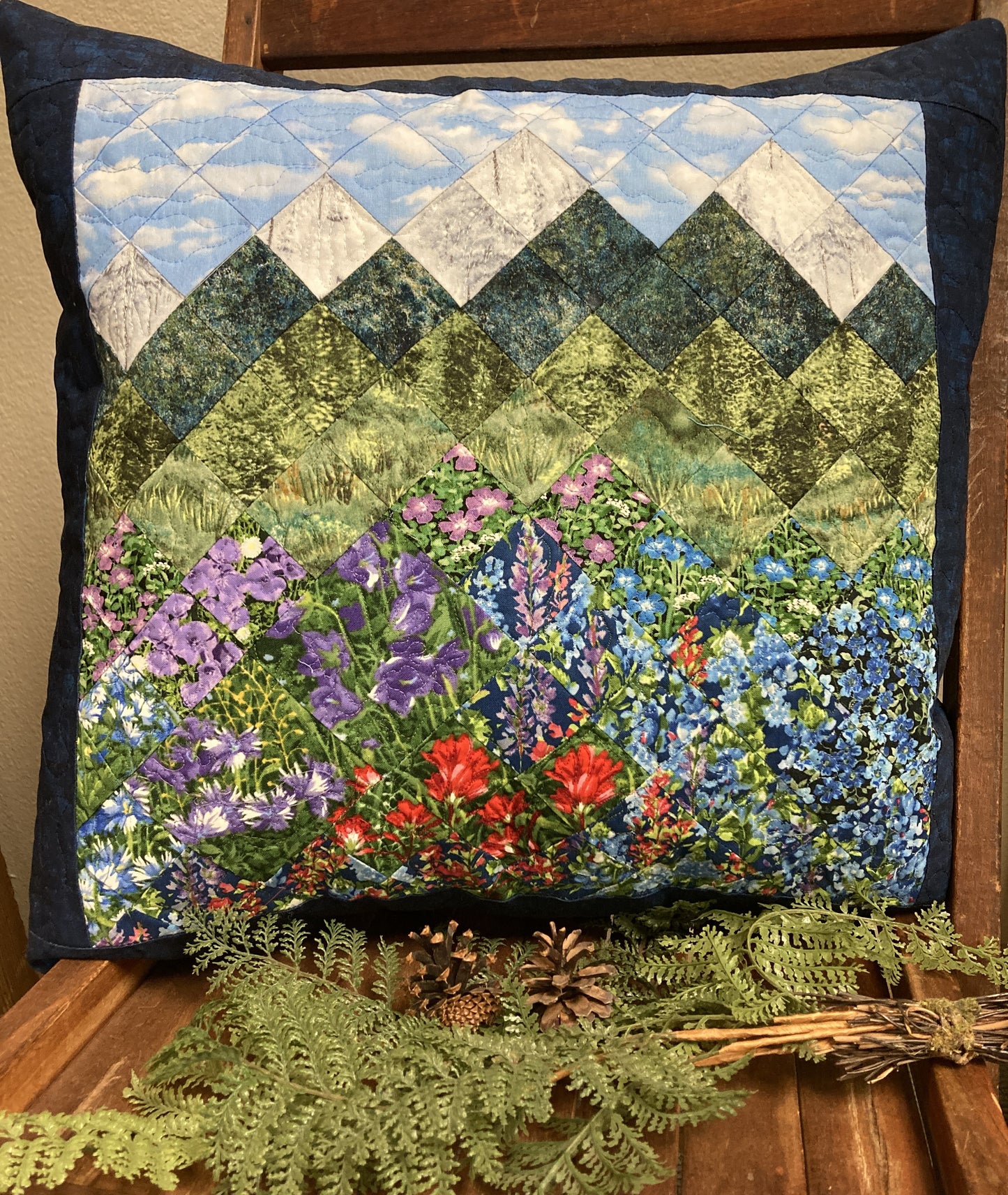 Summer Blue Purple Meadow Wildflower Mountain Art Quilt Pillow, 20x20"Original Design Handmade