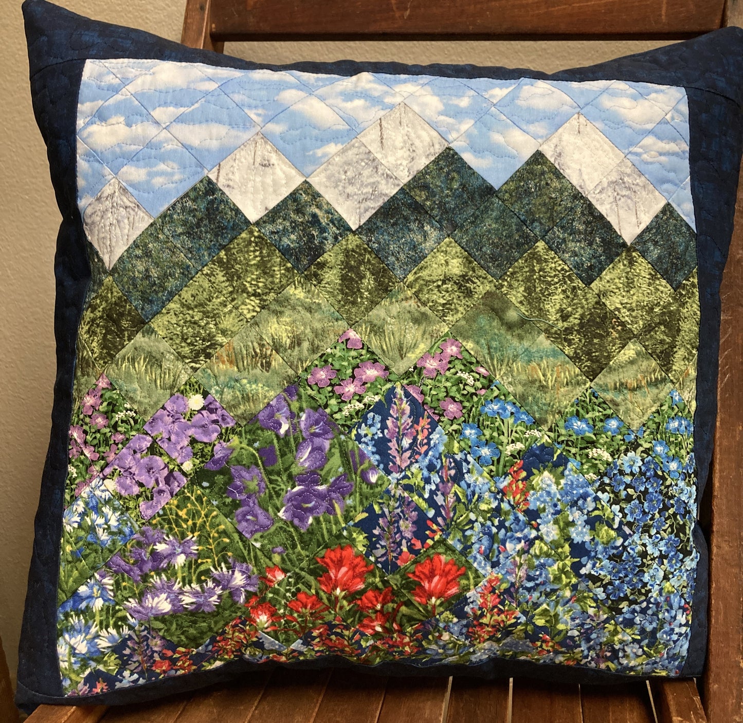 Summer Blue Purple Meadow Wildflower Mountain Art Quilt Pillow, 20x20"Original Design Handmade
