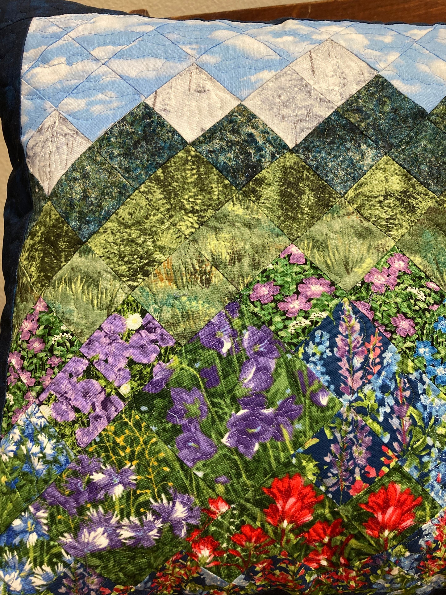 Summer Blue Purple Meadow Wildflower Mountain Art Quilt Pillow, 20x20"Original Design Handmade