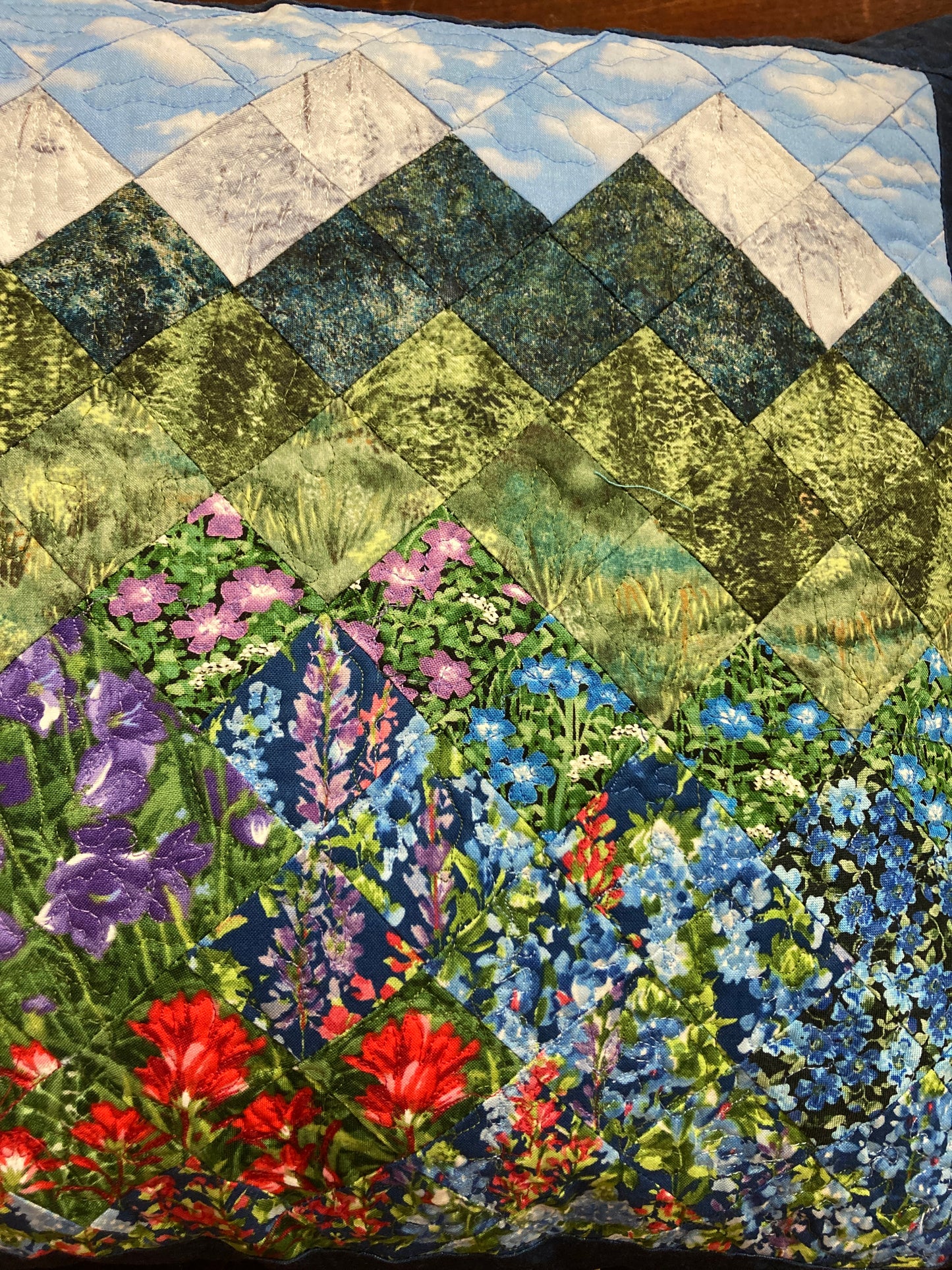 Summer Blue Purple Meadow Wildflower Mountain Art Quilt Pillow, 20x20"Original Design Handmade