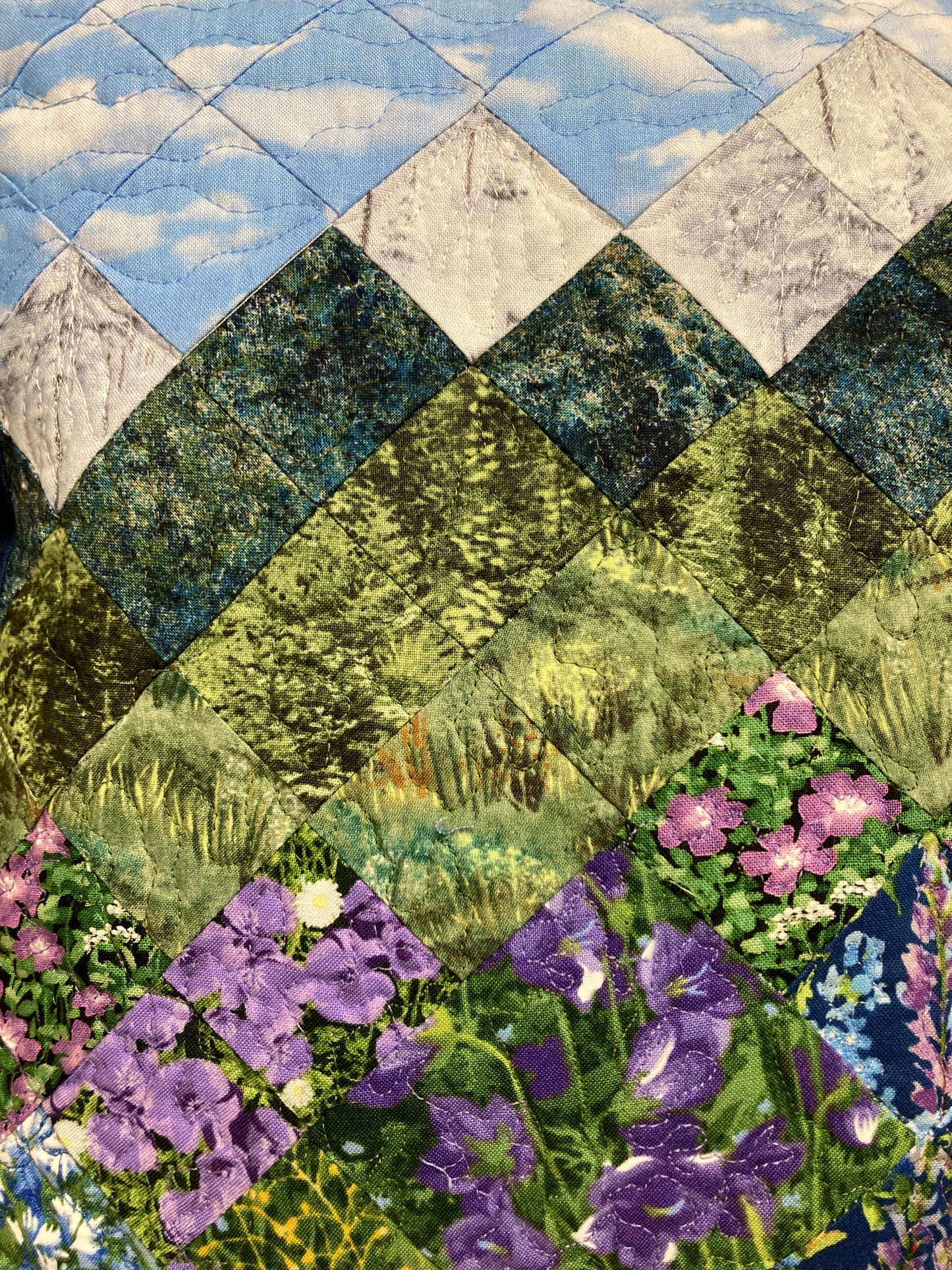 Summer Blue Purple Meadow Wildflower Mountain Art Quilt Pillow, 20x20"Original Design Handmade