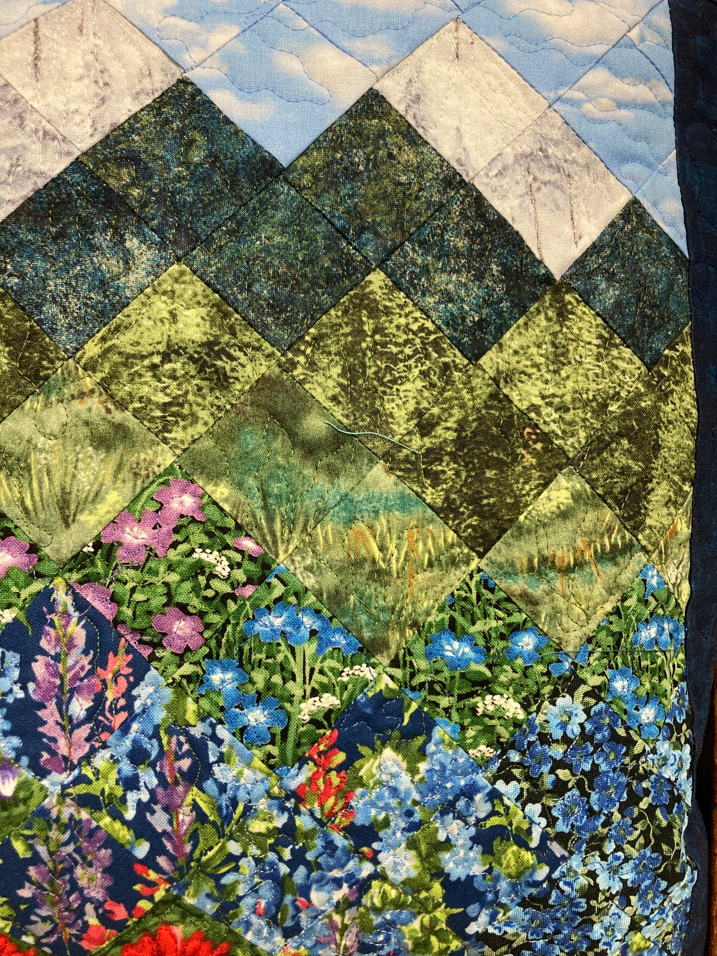 Summer Blue Purple Meadow Wildflower Mountain Art Quilt Pillow, 20x20"Original Design Handmade
