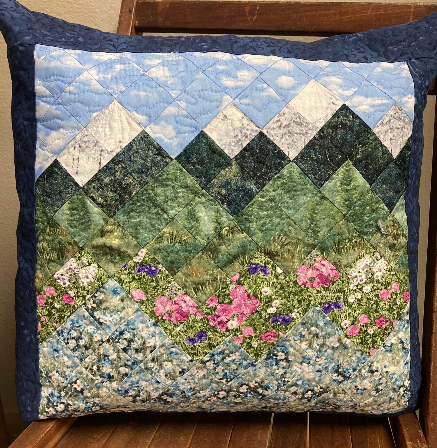 Spring Misty Blue Meadow Mountain Art Pillow, 20x20” Forest Mountain Scenic Original Artwork Handmade
