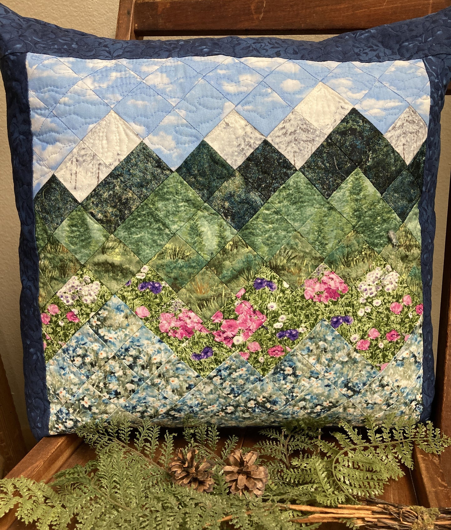 Spring Misty Blue Meadow Mountain Art Pillow, 20x20” Forest Mountain Scenic Original Artwork Handmade