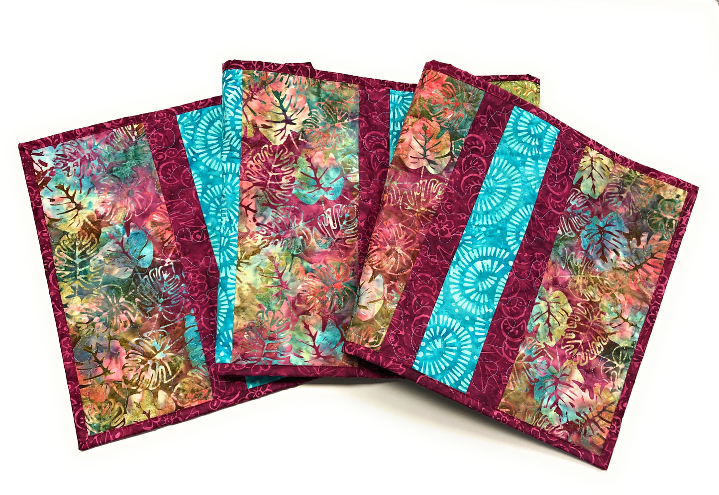 Tropical Aqua Plum Leaf Quilted Dining or Coffee Table Runner, 14x56", Reversible Handmade