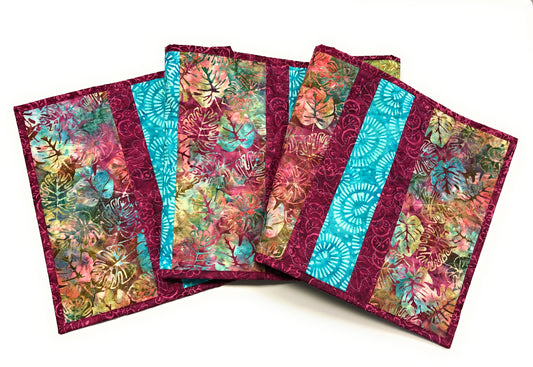 Tropical Aqua Plum Leaf Quilted Dining or Coffee Table Runner, 14x56", Reversible Handmade