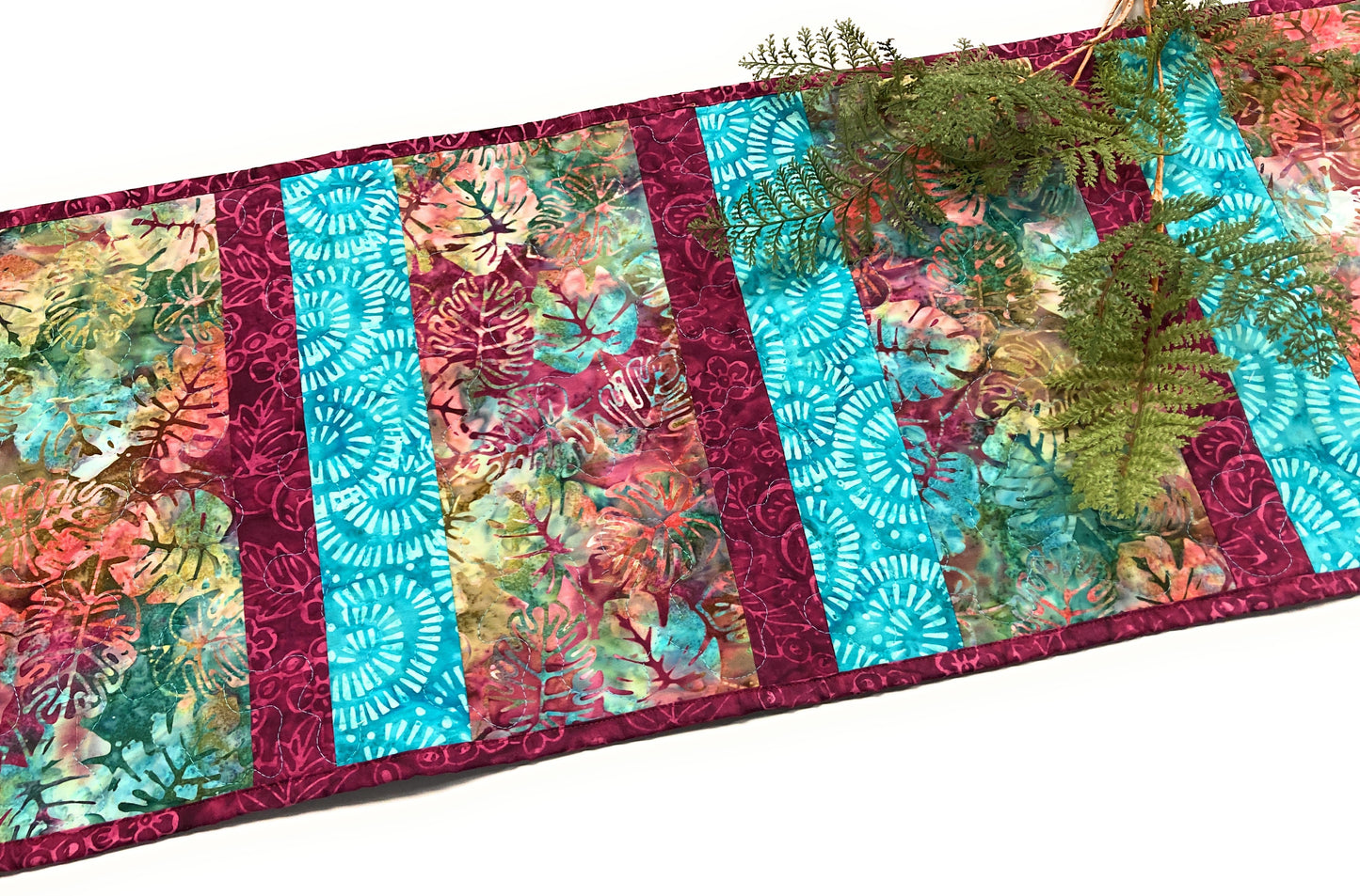 Tropical Aqua Plum Leaf Quilted Dining or Coffee Table Runner, 14x56", Reversible Handmade