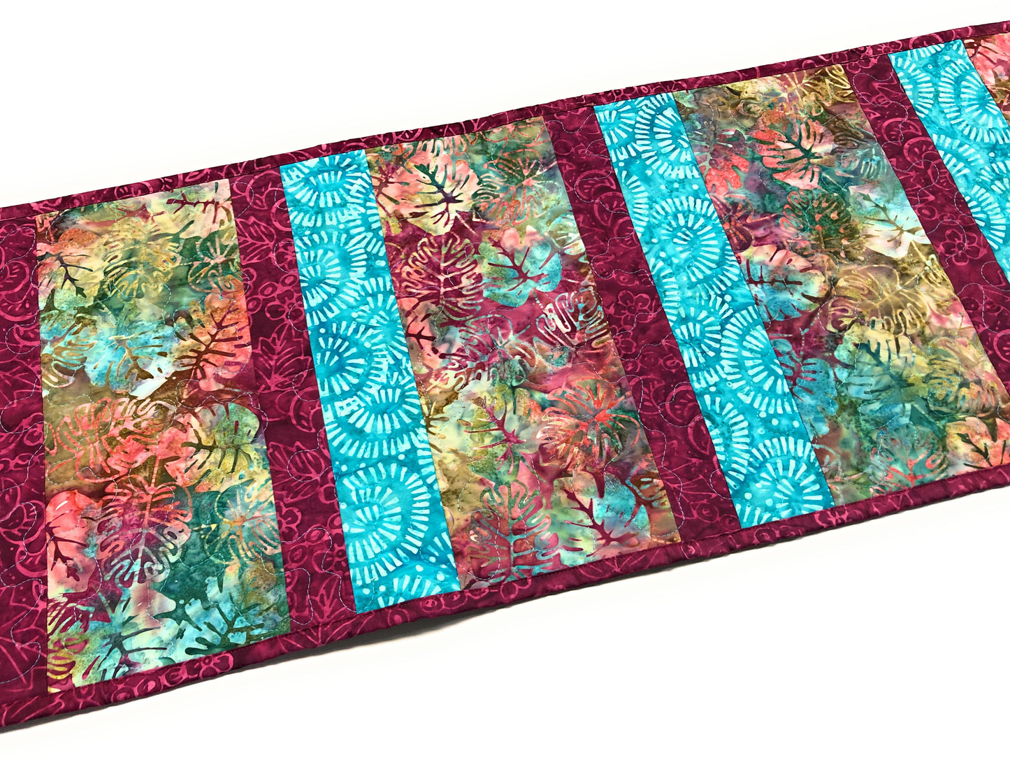 Tropical Aqua Plum Leaf Quilted Dining or Coffee Table Runner, 14x56", Reversible Handmade