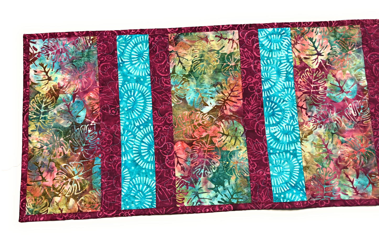 Tropical Aqua Plum Leaf Quilted Dining or Coffee Table Runner, 14x56", Reversible Handmade