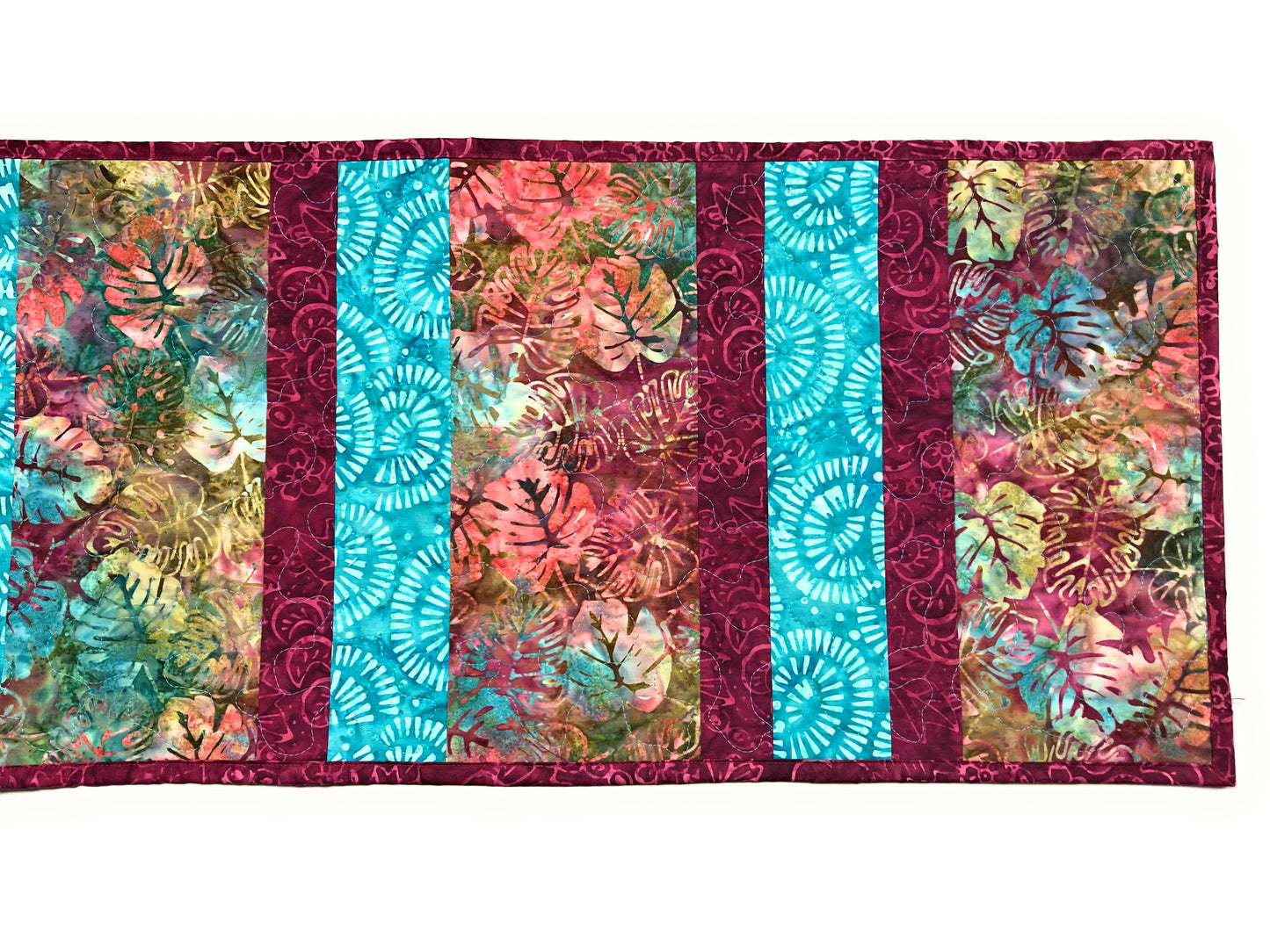 Tropical Aqua Plum Leaf Quilted Dining or Coffee Table Runner, 14x56", Reversible Handmade