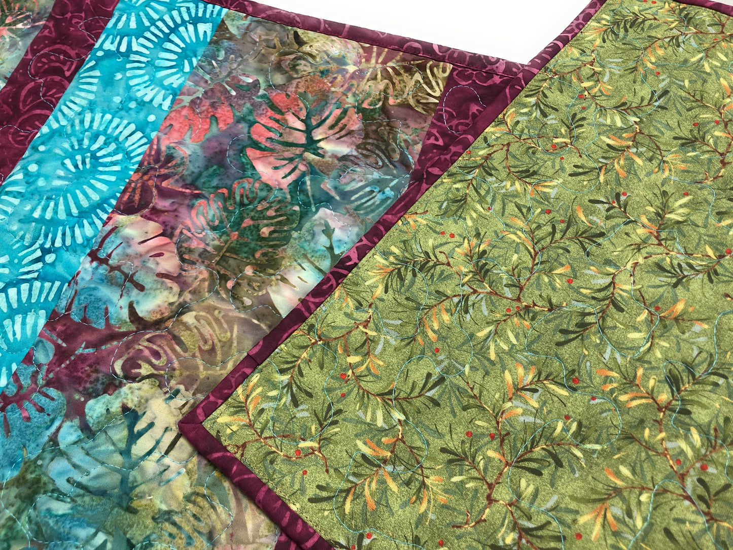 Tropical Aqua Plum Leaf Quilted Dining or Coffee Table Runner, 14x56", Reversible Handmade