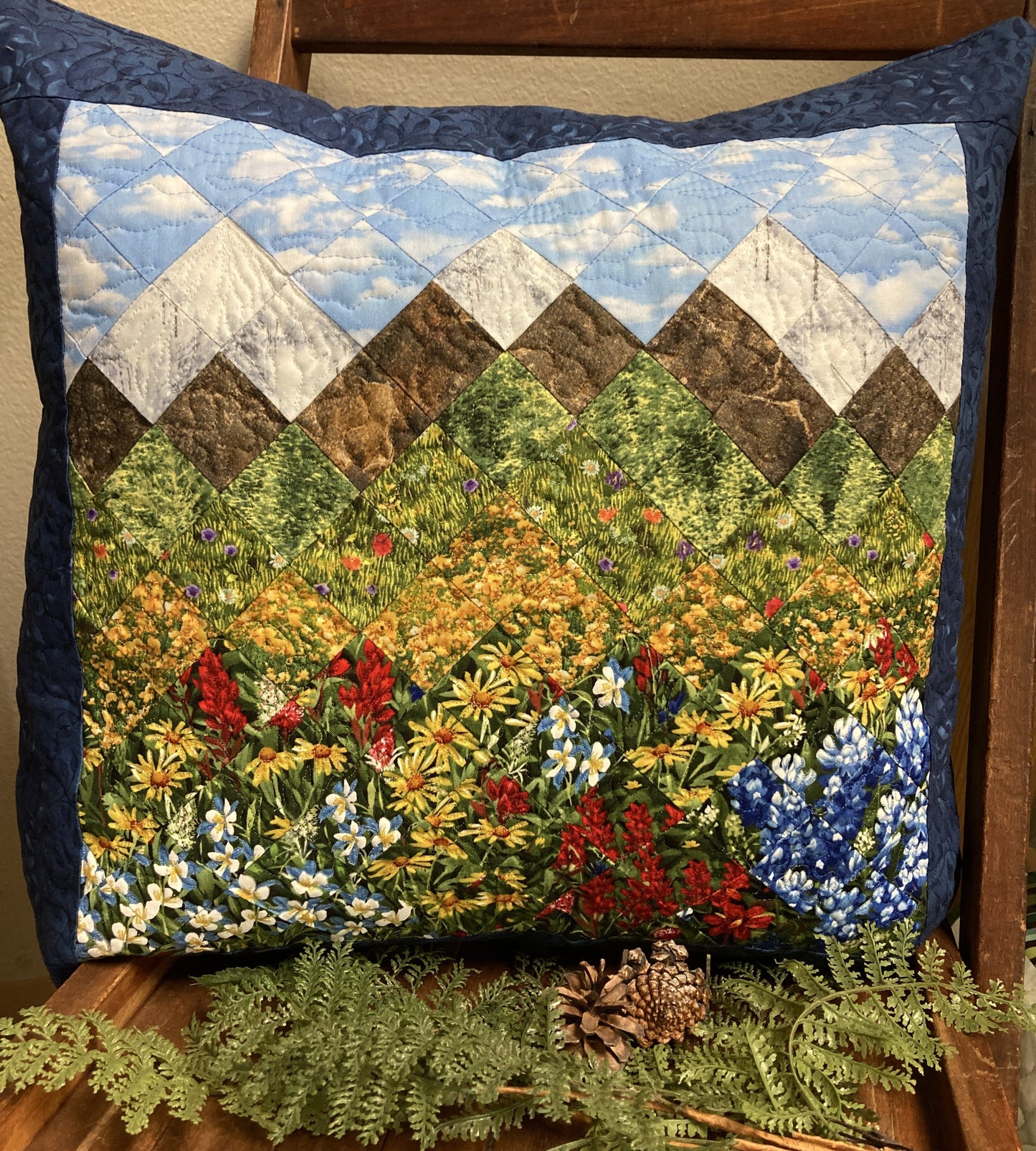 Mountain Decorative Pillow, Wildflowers Trees Mountain Sky Landscape Pillow 20x20", Cotton Lake Tahoe Cabin Lodge Decor, Texas Flowers