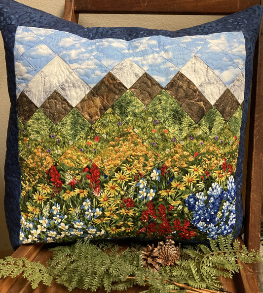 Mountain Decorative Pillow, Wildflowers Trees Mountain Sky Landscape Pillow 20x20", Cotton Lake Tahoe Cabin Lodge Decor, Texas Flowers