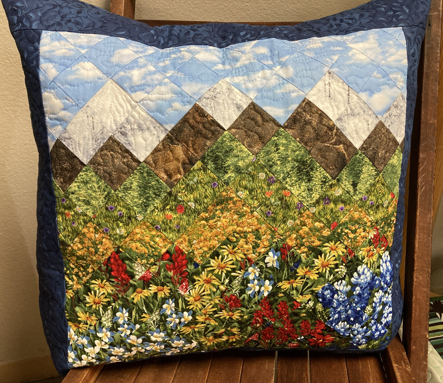 Mountain Decorative Pillow, Wildflowers Trees Mountain Sky Landscape Pillow 20x20", Cotton Lake Tahoe Cabin Lodge Decor, Texas Flowers
