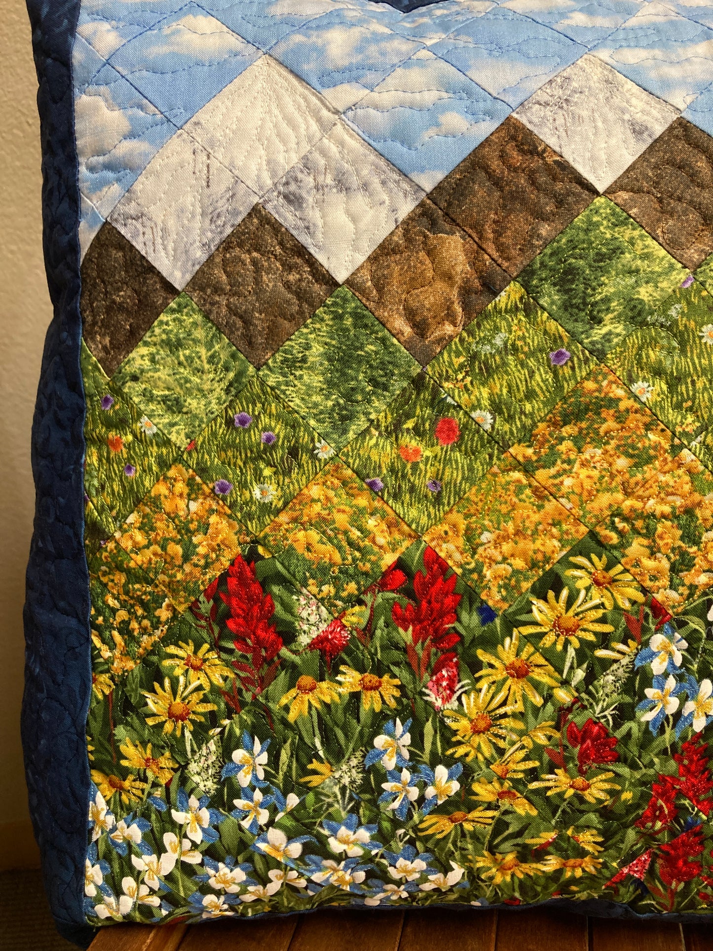Mountain Decorative Pillow, Wildflowers Trees Mountain Sky Landscape Pillow 20x20", Cotton Lake Tahoe Cabin Lodge Decor, Texas Flowers