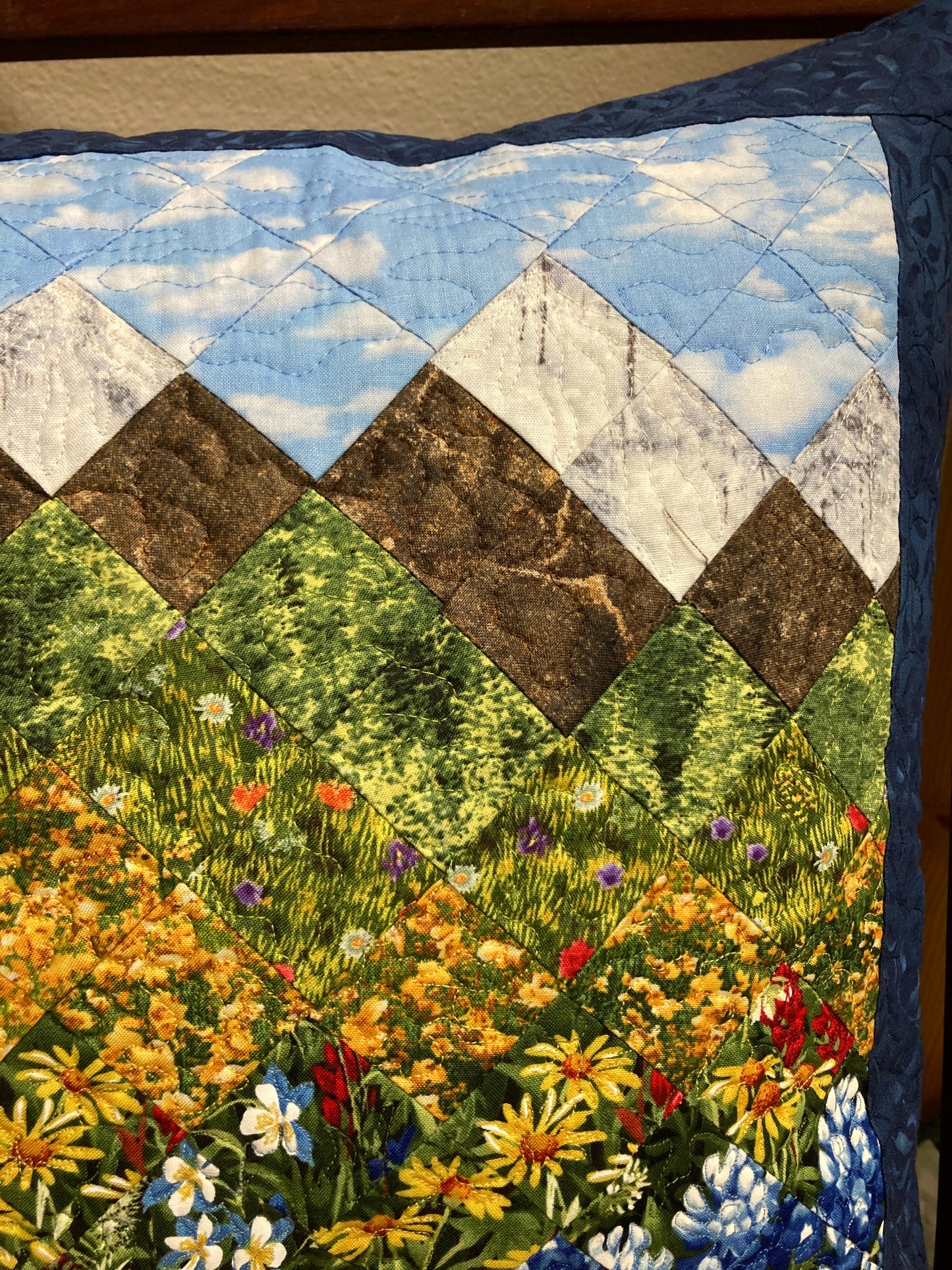 Mountain Decorative Pillow, Wildflowers Trees Mountain Sky Landscape Pillow 20x20", Cotton Lake Tahoe Cabin Lodge Decor, Texas Flowers