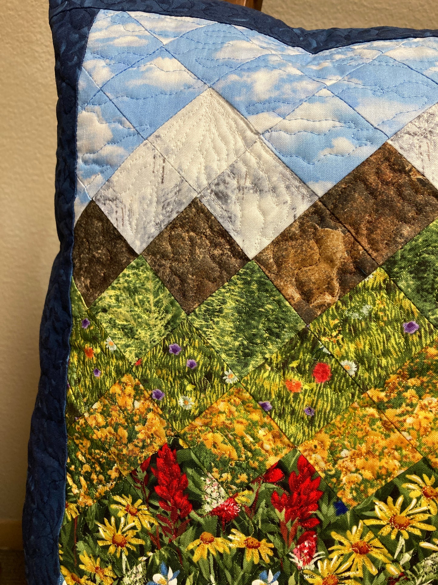 Mountain Decorative Pillow, Wildflowers Trees Mountain Sky Landscape Pillow 20x20", Cotton Lake Tahoe Cabin Lodge Decor, Texas Flowers