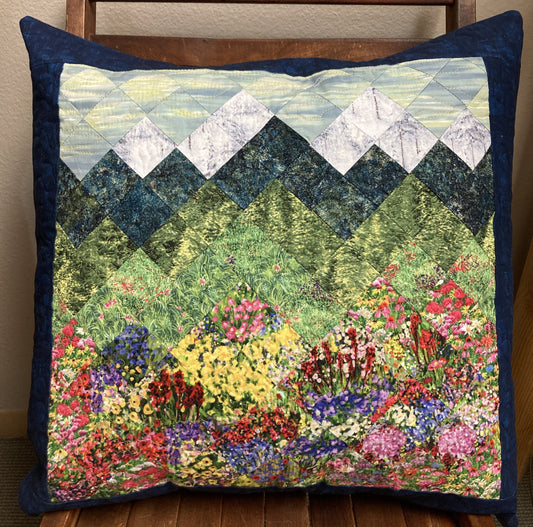 Mountain Wildflowers Decorative Pillow, Trees Mountain Sky Landscape Pillow 20x20", Cotton Lake Tahoe Cabin Lodge Decor, Handmade Alpine