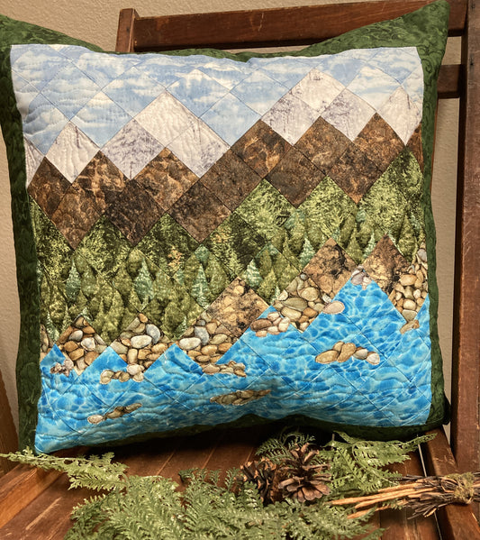 Lake Tahoe Mountain Decorative Pillow, Pine Trees Blue Sky Alpine Landscape Pillow 20x20" Cotton, Cabin Lodge Decor Bedroom Sofa Living Room