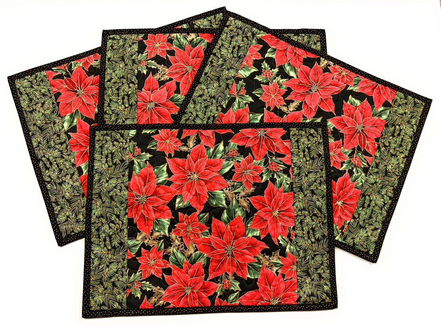 Christmas Quilted Placemats, Poinsettia Pine Bough  13x17 Dining Table Mats Handmade