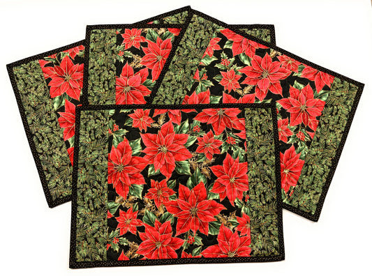 Christmas Quilted Placemats, Poinsettia Pine Bough  13x17 Dining Table Mats Handmade