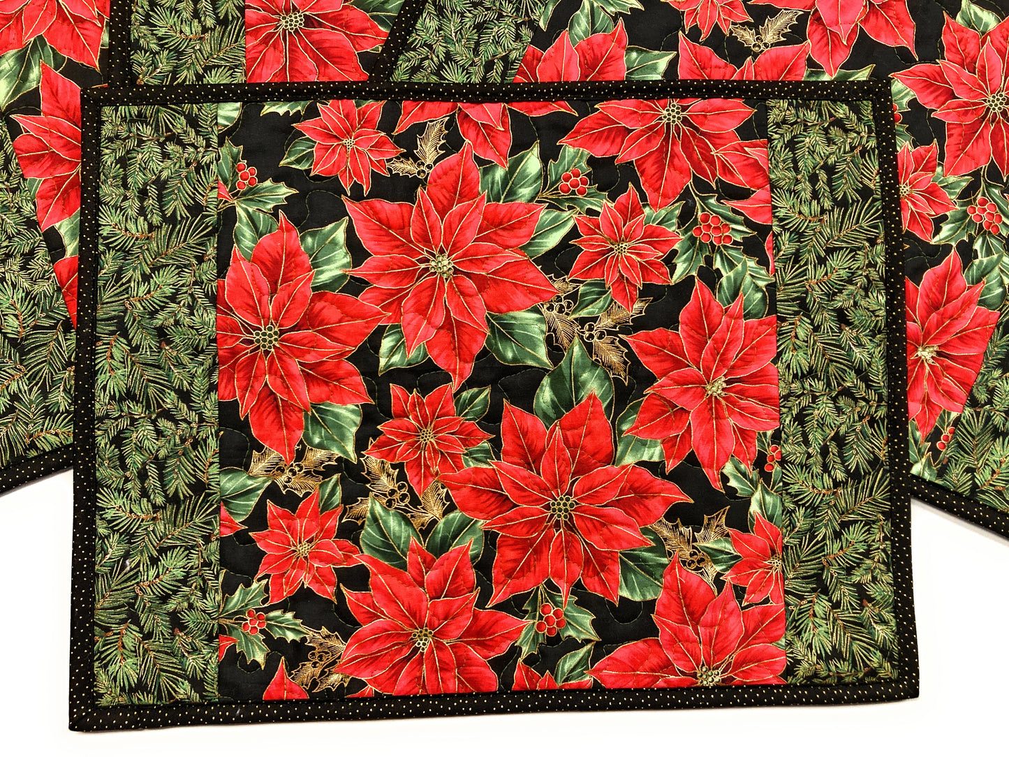 Christmas Quilted Placemats, Poinsettia Pine Bough  13x17 Dining Table Mats Handmade