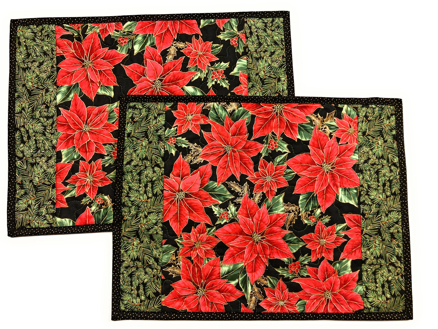 Christmas Quilted Placemats, Poinsettia Pine Bough  13x17 Dining Table Mats Handmade
