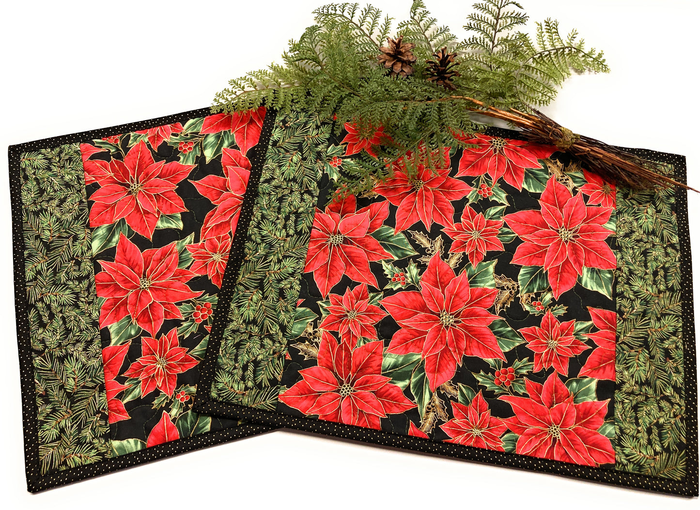 Christmas Quilted Placemats, Poinsettia Pine Bough  13x17 Dining Table Mats Handmade