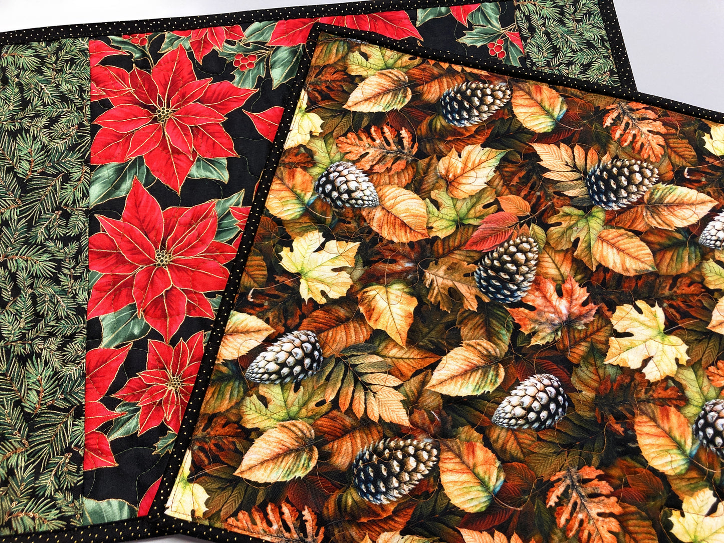 Christmas Quilted Placemats, Poinsettia Pine Bough  13x17 Dining Table Mats Handmade