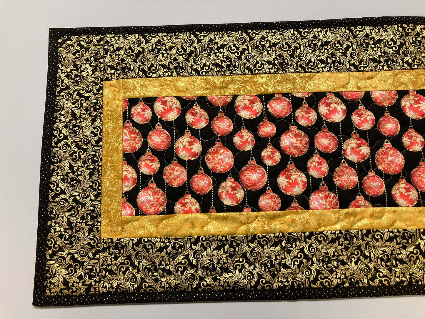 Christmas Red Gold Tree Ornaments Quilted Table Runner, 13x48", Winter Holiday Dining Coffee Table, Dresser Scarf End Table Handmade