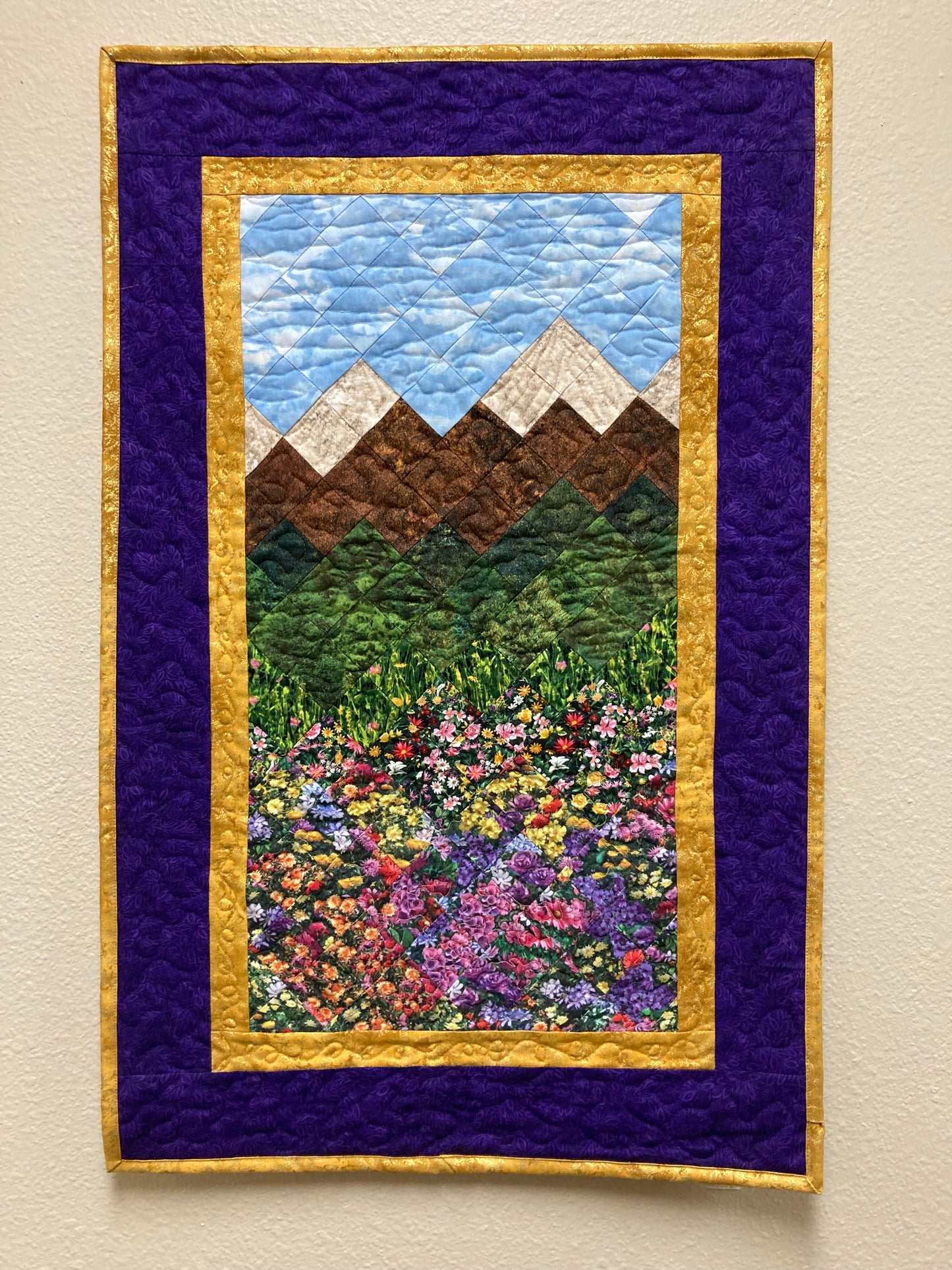 Summer Purple Yellow Meadow Mountain Art Quilt Tapestry, Fabric Wall Hanging, 19x29" Original Artwork, Vertical Forest Meadow Scenic Picture