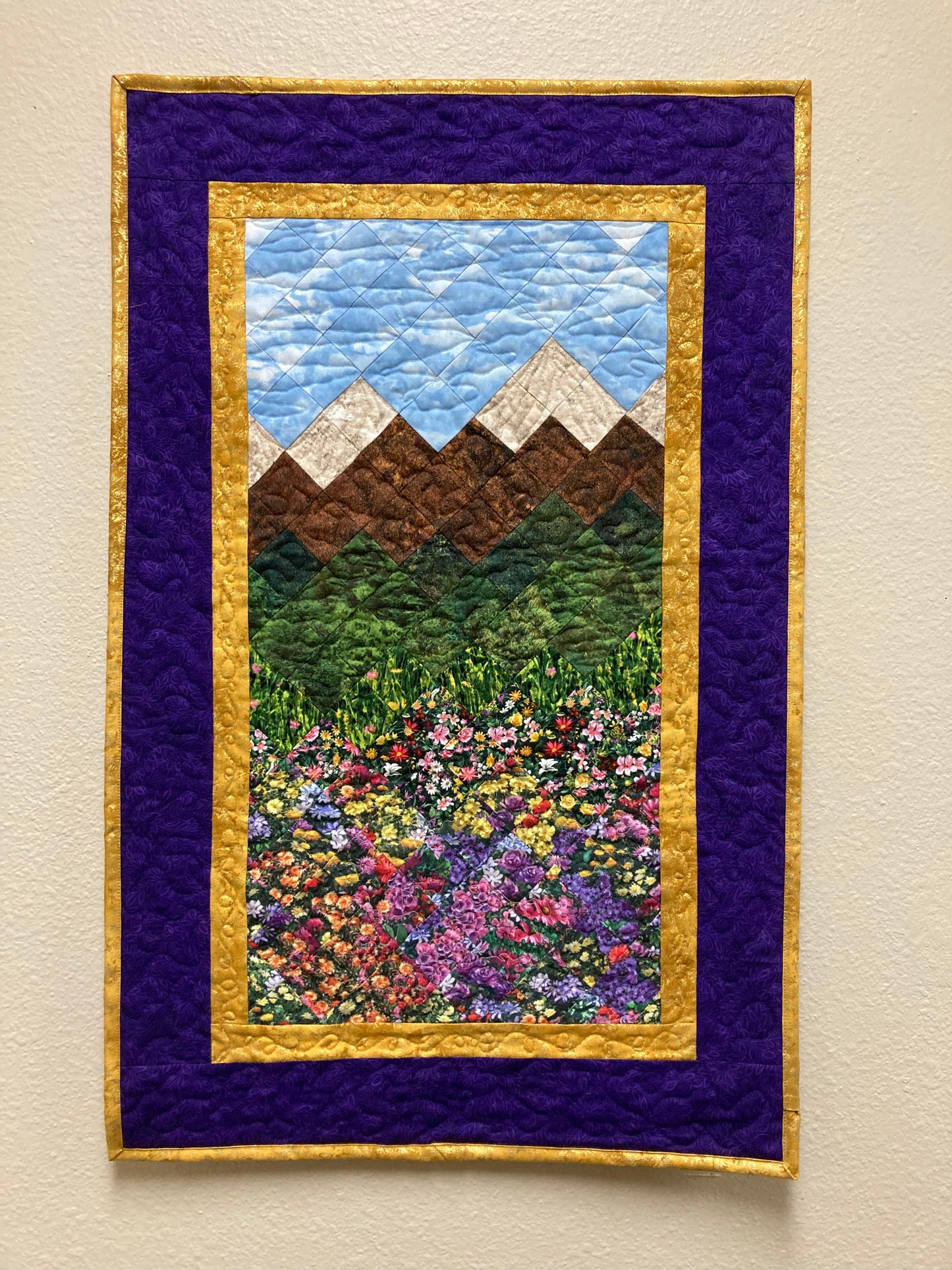 Summer Purple Yellow Meadow Mountain Art Quilt Tapestry, Fabric Wall Hanging, 19x29" Original Artwork, Vertical Forest Meadow Scenic Picture
