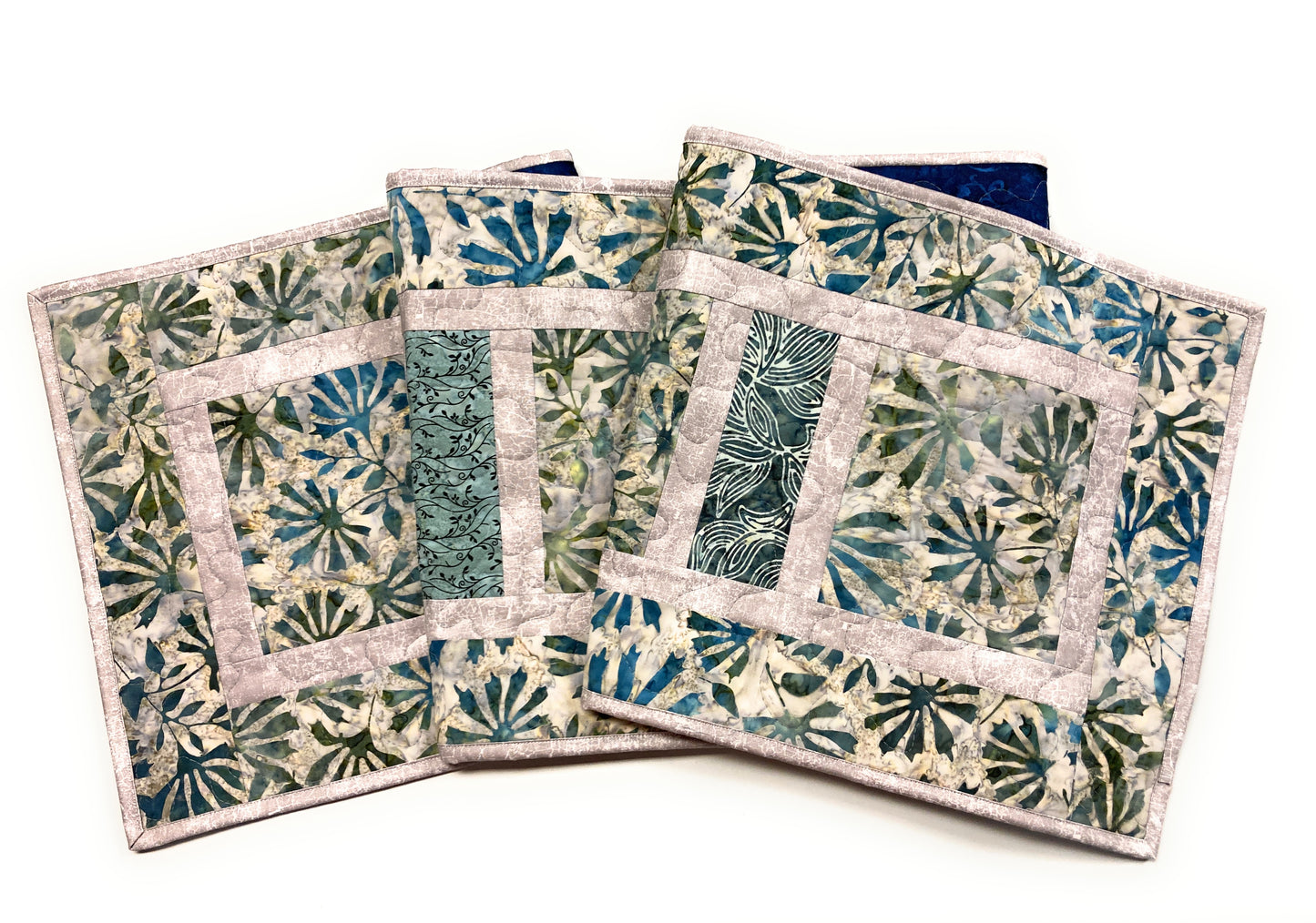 Batik Blue Gray Stone Dining Table Quilted Runner, Modern Minimalist  14x62" Everyday Handmade