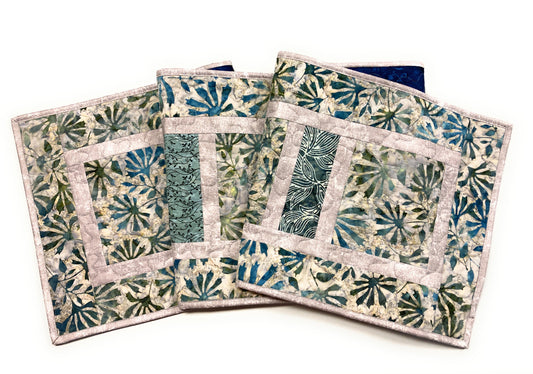 Batik Blue Gray Stone Dining Table Quilted Runner, Modern Minimalist  14x62" Everyday Handmade