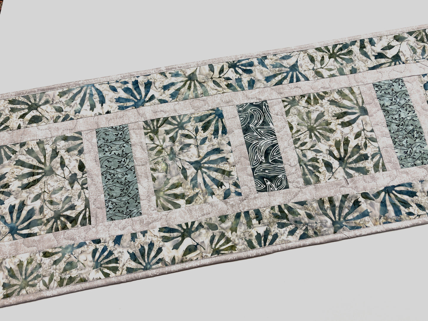 Batik Blue Gray Stone Dining Table Quilted Runner, Modern Minimalist  14x62" Everyday Handmade