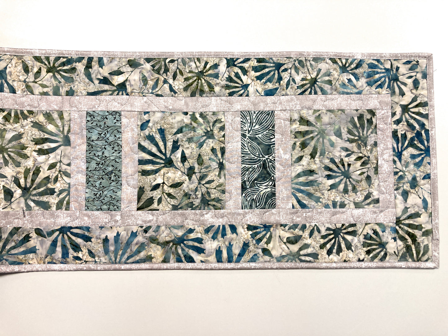Batik Blue Gray Stone Dining Table Quilted Runner, Modern Minimalist  14x62" Everyday Handmade