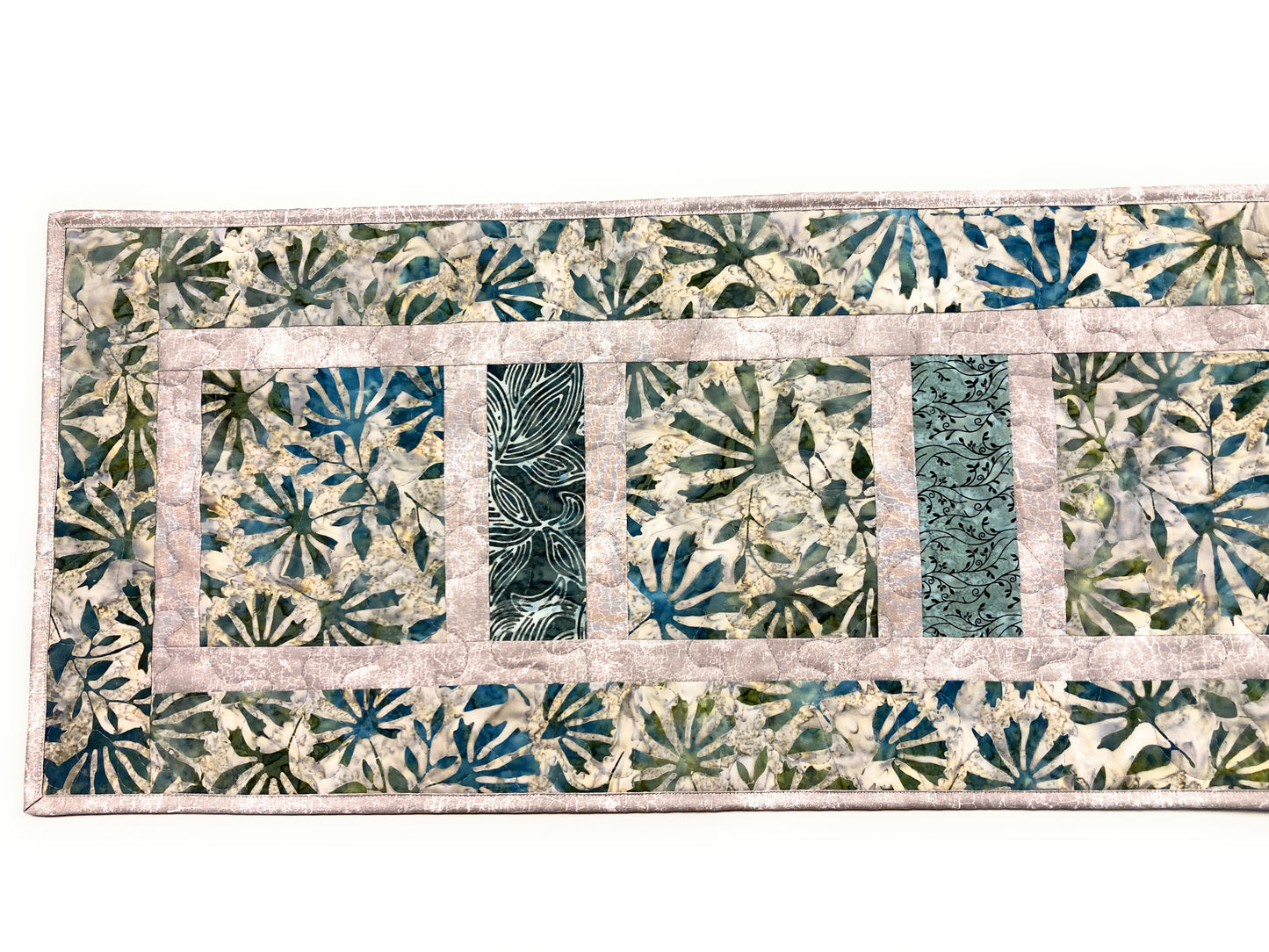 Batik Blue Gray Stone Dining Table Quilted Runner, Modern Minimalist  14x62" Everyday Handmade