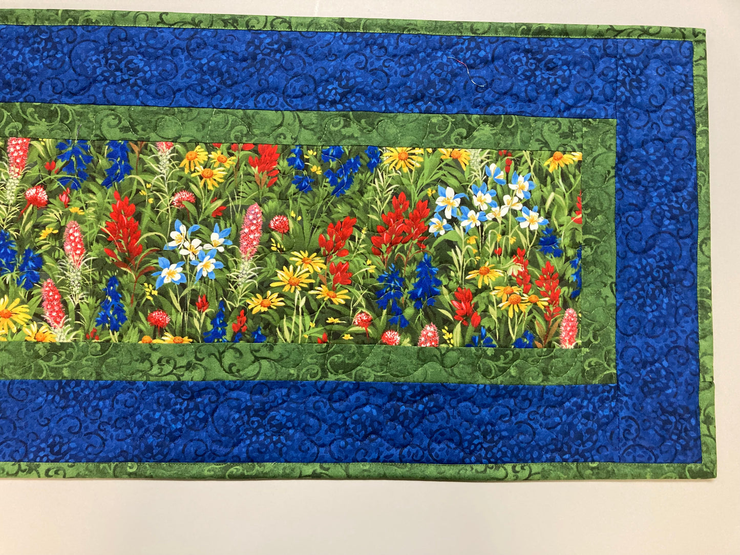 Quilted Table Runner Summer Texas Wildflowers, 13x48" Yellow Red Blue Flowers, Dining Room Coffee Table Runner, Garden Floral Everyday