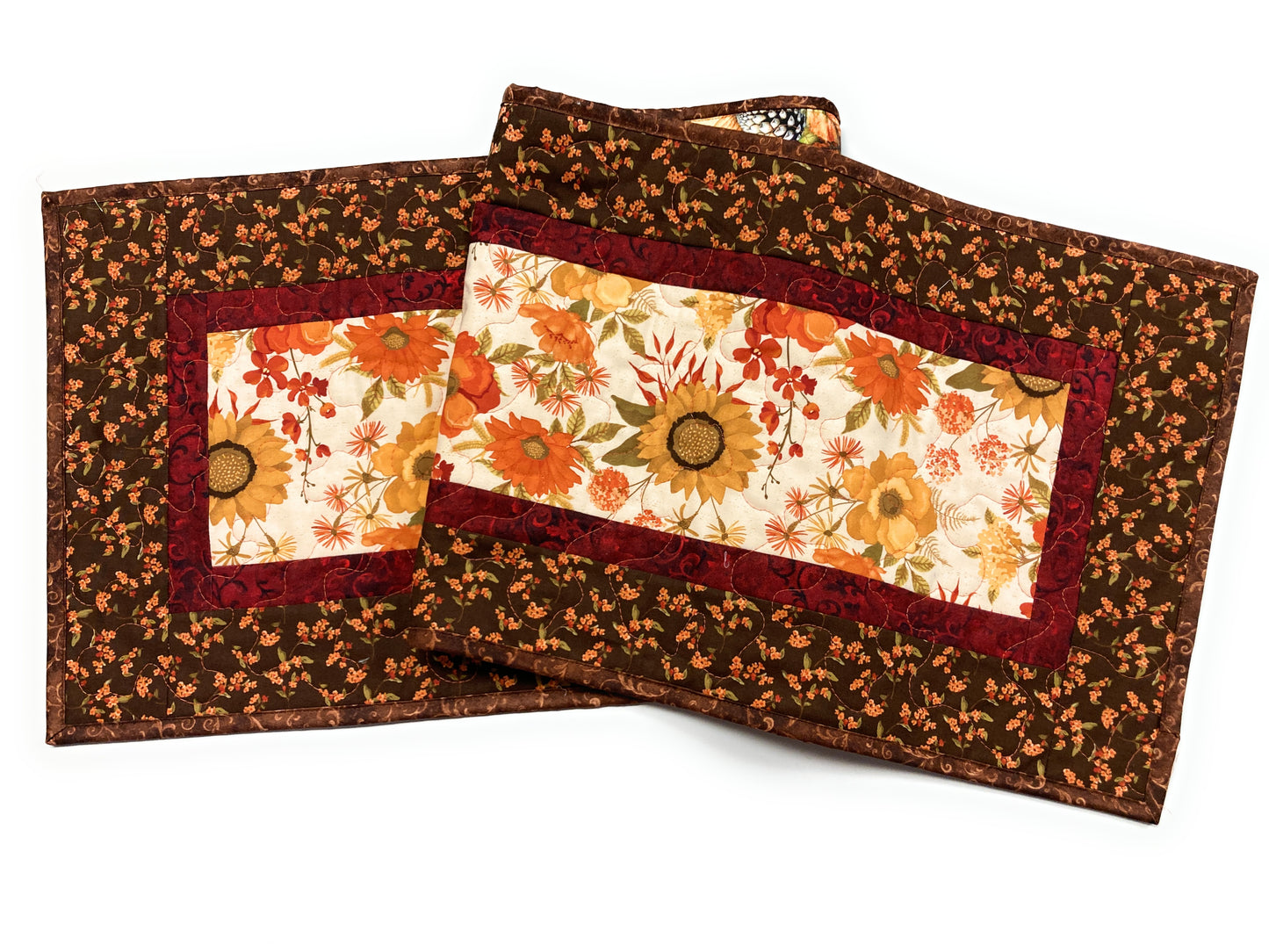 Thanksgiving Fall Flowers Quilted Dining Table Runner Orange Brown Autumn Reversible Handmade