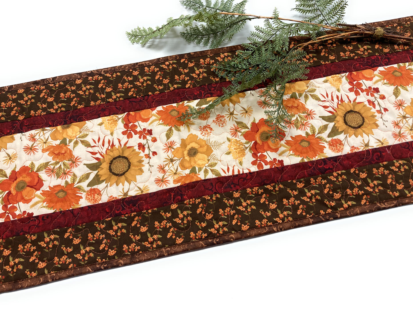 Thanksgiving Fall Flowers Quilted Dining Table Runner Orange Brown Autumn Reversible Handmade