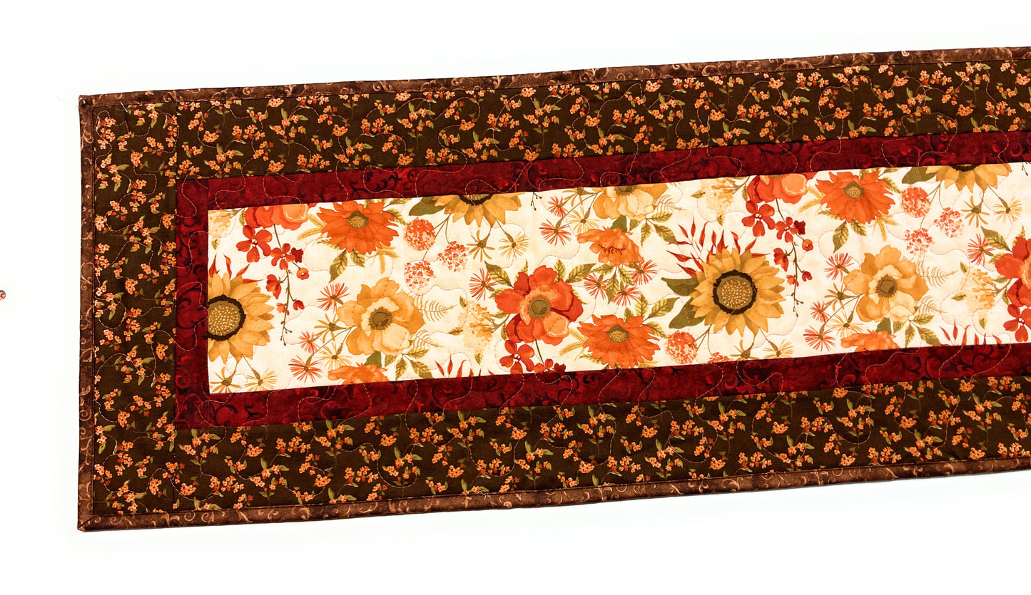 Thanksgiving Fall Flowers Quilted Dining Table Runner Orange Brown Autumn Reversible Handmade