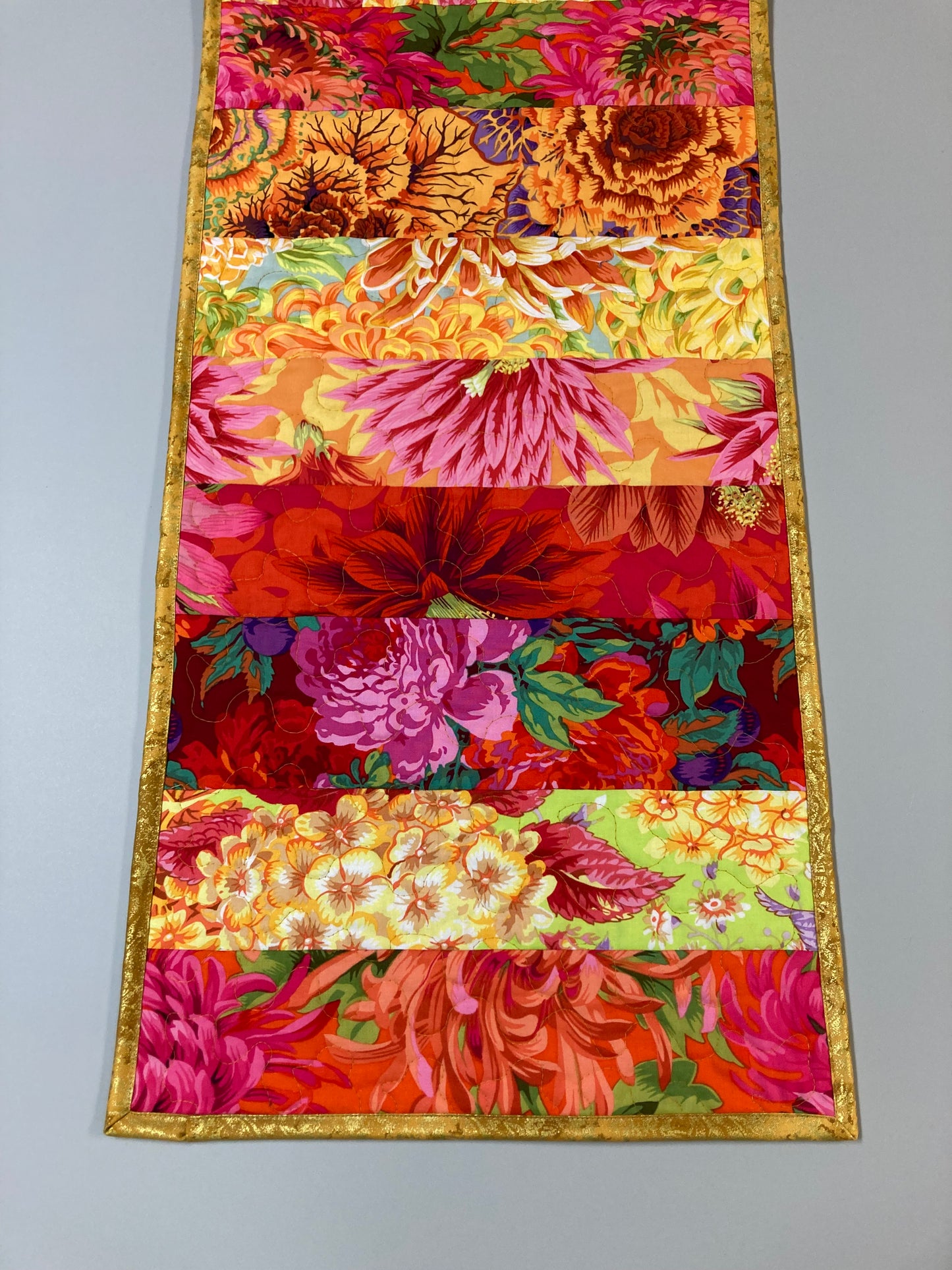Kaffe Fassett Bright Yellow Pink Orange Red Quilted Table Runner Summer Decor, Reversible 13x54”, Dining Room Coffee Table Dresser Scarf