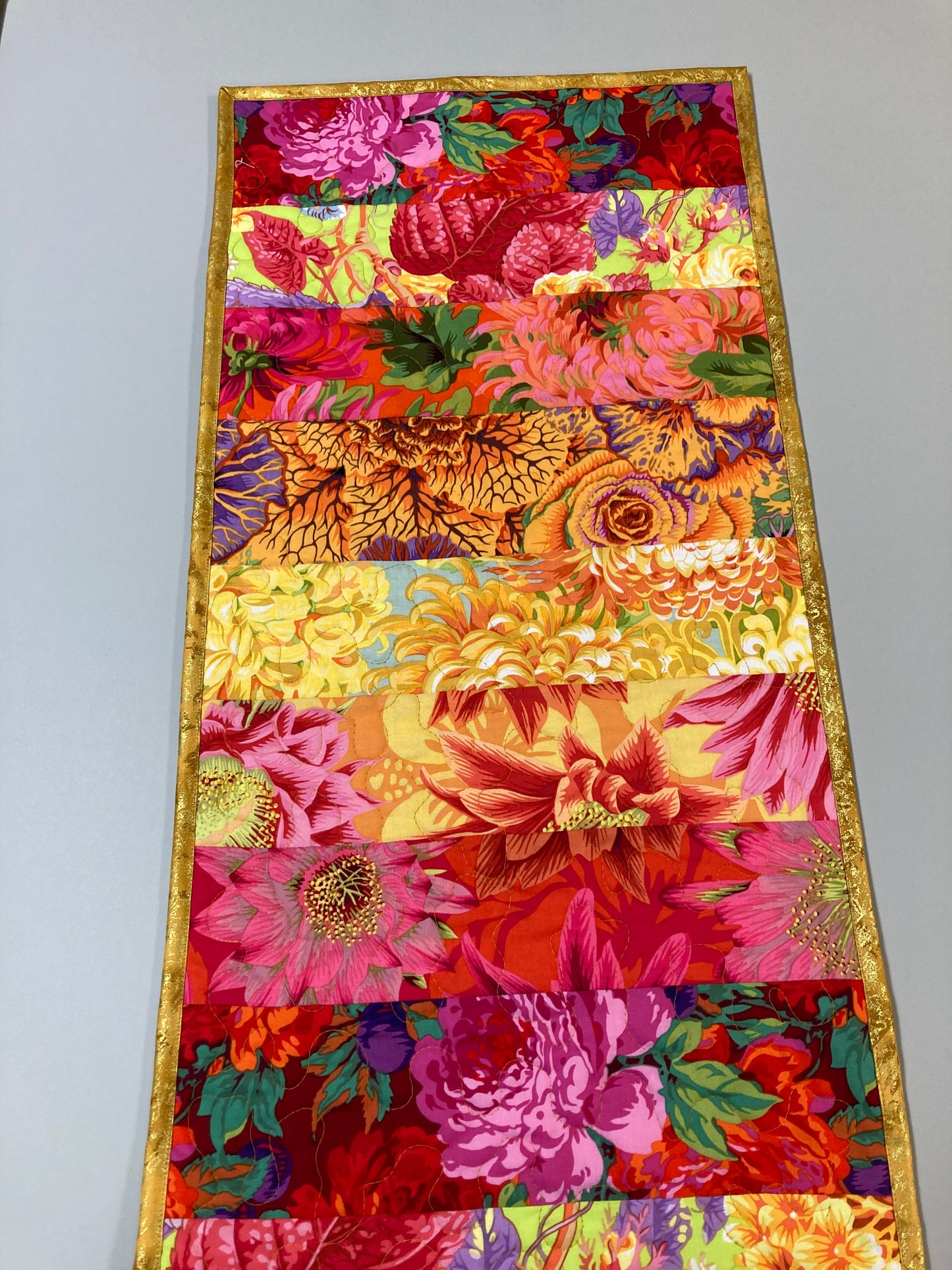 Kaffe Fassett Bright Yellow Pink Orange Red Quilted Table Runner Summer Decor, Reversible 13x54”, Dining Room Coffee Table Dresser Scarf